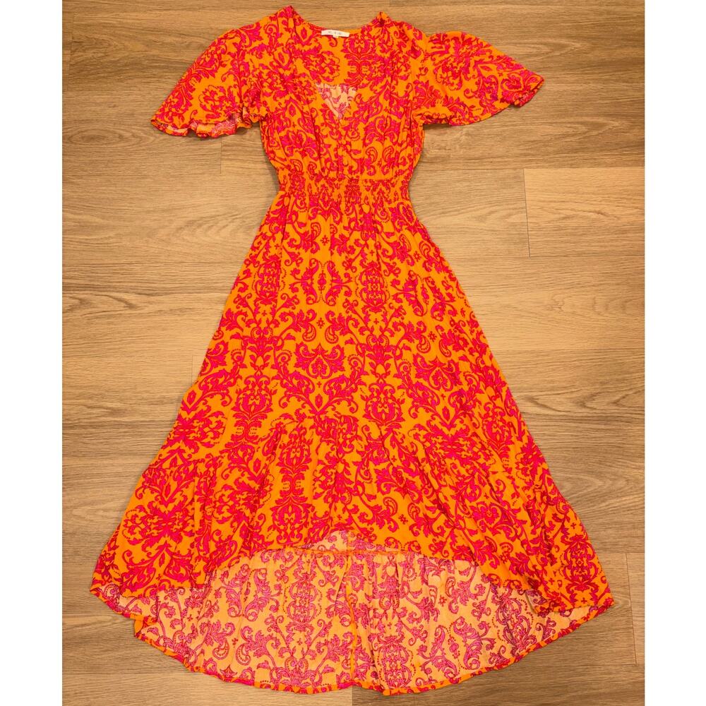 Vibrant Orange Midi Dress with Fuchsia Pattern